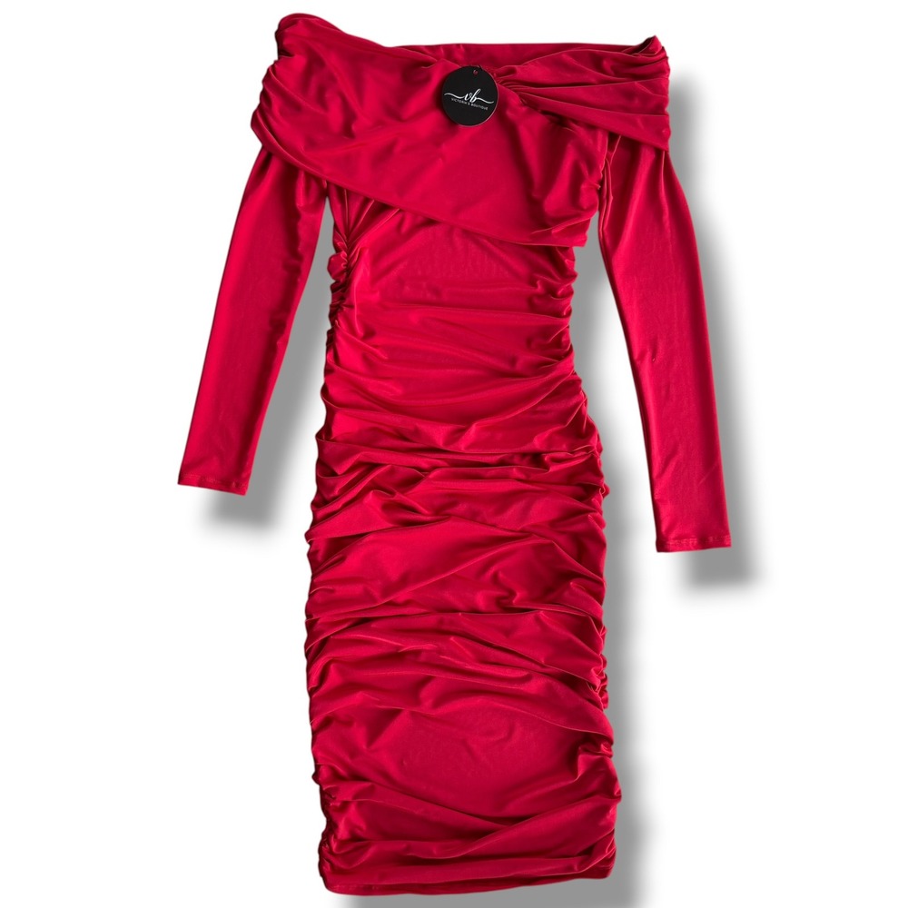 Victoria's Boutique Womens S Red Ruched Off Shoulder Long Sleeve Midi Dress Chic